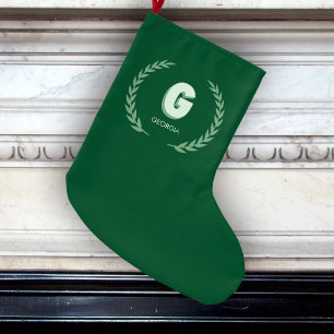 Calcetín Navideño Grande Guirnalda de laurel verde letra G monograma 
