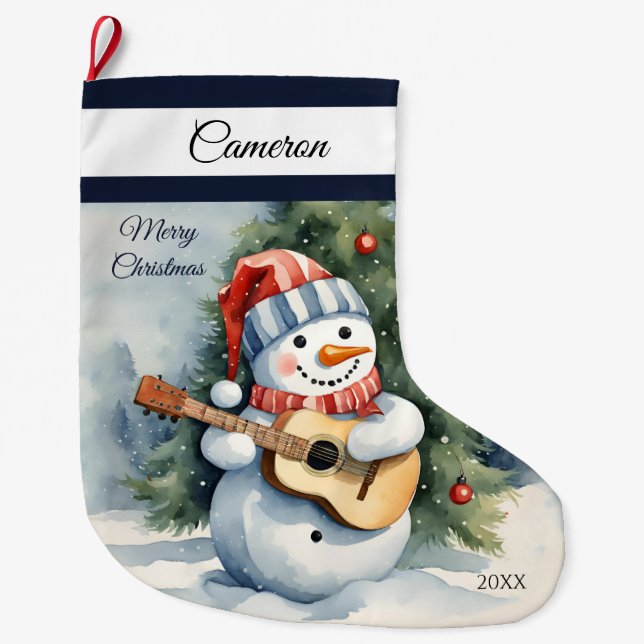 Calcetín Navideño Grande Guitarra Cute Snowman personalizada (Anverso)