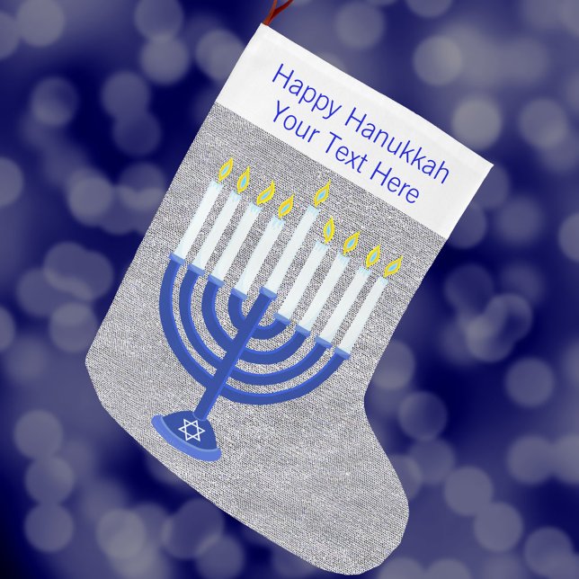 Calcetín Navideño Grande Hanukkah Azul oscuro Menorah Plata Chrismukkah (Add your custom text to this Happy Hanukkah Christmas stocking and celebrate interfaith holidays)