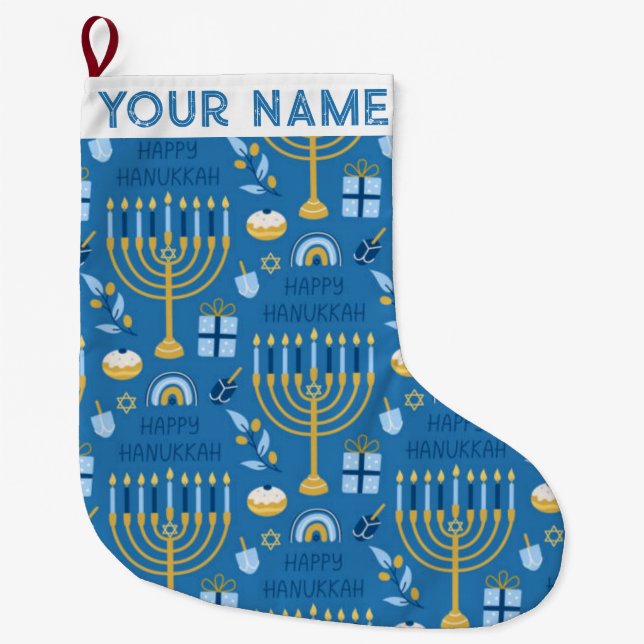 Calcetín Navideño Grande Hanukkah Chanukah Navidades Blue Modern Jewish Lar (Anverso)