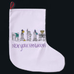 Calcetín Navideño Grande Hanukkah Morple Chanukah<br><div class="desc">Cuenta con un original ilustracion con lápiz y tinta de varios monumentos de la ciudad de Nueva York "vestidos" para las vacaciones. ¡Perfecto para Hanukkah! Este diseño también está disponible en otros productos. ¿No ves lo que estás buscando? ¿Necesita ayuda con la personalización? Contacte con Rebecca para que tenga algo...</div>