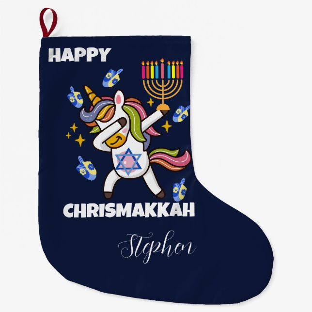 Calcetín Navideño Grande Happy Hanukkah ,funny  dabbing  unicorn (Anverso)