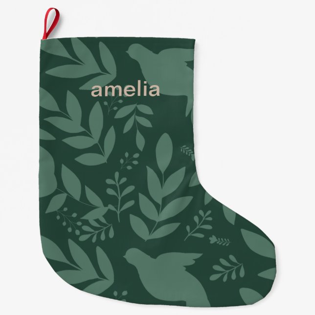 Calcetín Navideño Grande Hermosa impresión botánica verde con nombre (Anverso)