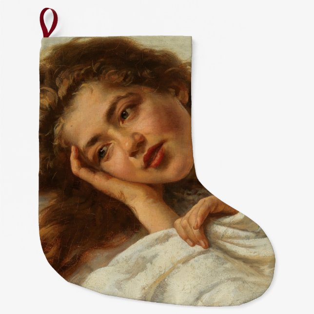 Calcetín Navideño Grande Hermoso Chica en cama con pelo rojo (Anverso)