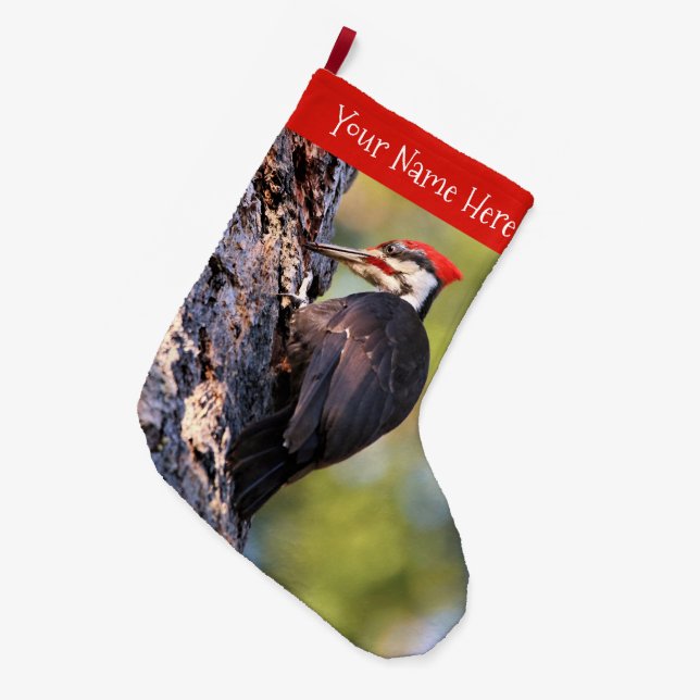 Calcetín Navideño Grande Hermoso pájaro carpintero apilado en el árbol (Frente (Colgado))