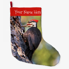 Calcetín Navideño Grande Hermoso pájaro carpintero apilado en el árbol