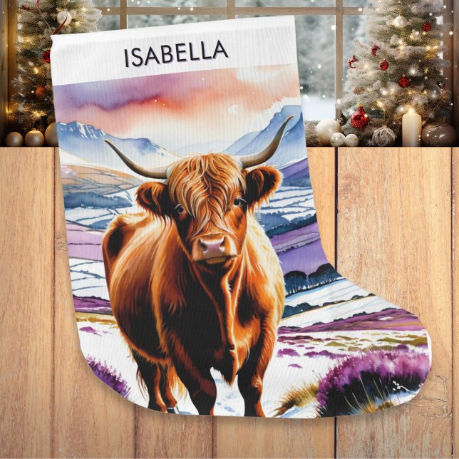 Calcetín Navideño Grande Highland Cow Watercolor Animal (A personalized Christmas stocking, with picture of a Highland cow in snow with purple heather)