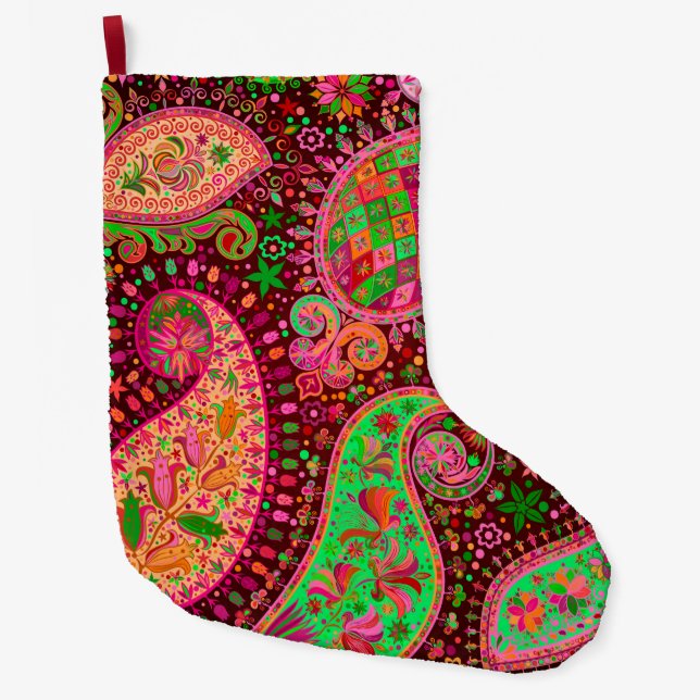 Calcetín Navideño Grande Hippy retro elegante Paisley de Boho (Anverso)