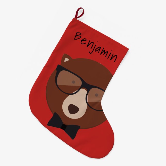 Calcetín Navideño Grande Hipster Bear Personalizado (Frente (Colgado))