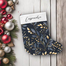 Calcetín Navideño Grande Hoja De Navidades Modernos, Azules Y Oro