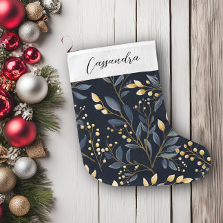 Calcetín Navideño Grande Hoja De Navidades Modernos, Azules Y Oro