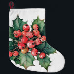 Calcetín Navideño Grande Hojas de colmenas de color de agua vintage<br><div class="desc">Una pintada de acuarela vintage de bayas y hojas clásicas. ¡Personalizable!</div>