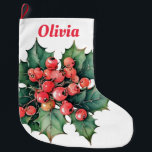 Calcetín Navideño Grande Hojas de colmenas de color de agua vintage<br><div class="desc">Una pintada de acuarela vintage de bayas y hojas clásicas. ¡Personalizable!</div>