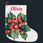 Calcetín Navideño Grande Hojas de colmenas de color de agua vintage<br><div class="desc">Una pintada de acuarela vintage de bayas y hojas clásicas. ¡Personalizable!</div>