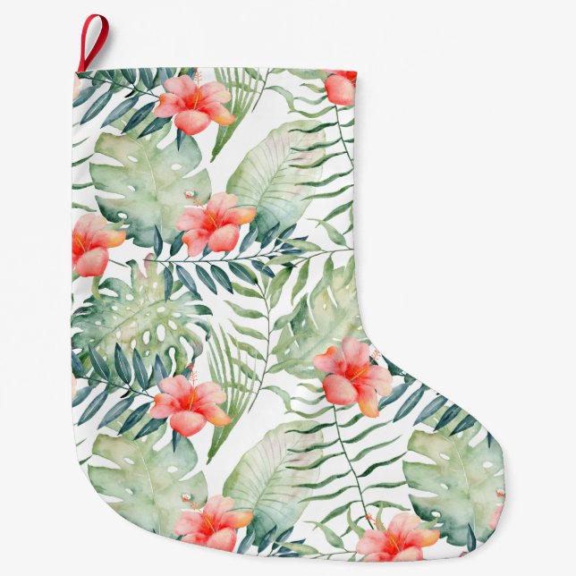 Calcetín Navideño Grande Hojas tropicales Hibiscus Floral acuarela (Anverso)