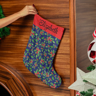 Calcetín Navideño Grande Hojas verdes verdes azules, bayas nombre de costum