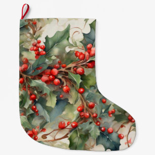 Calcetín Navideño Grande Hojas y bayas de acebo en acuarela vintage