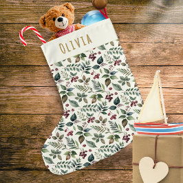 Calcetín Navideño Grande Hojas y Bayas de Invierno Rústicas Personalizadas