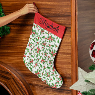 Calcetín Navideño Grande Hojas y bayas rojas y verdes