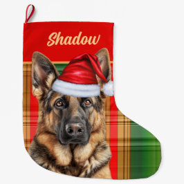 Calcetín Navideño Grande Holiday German Shepherd Plaid with Dog's Name