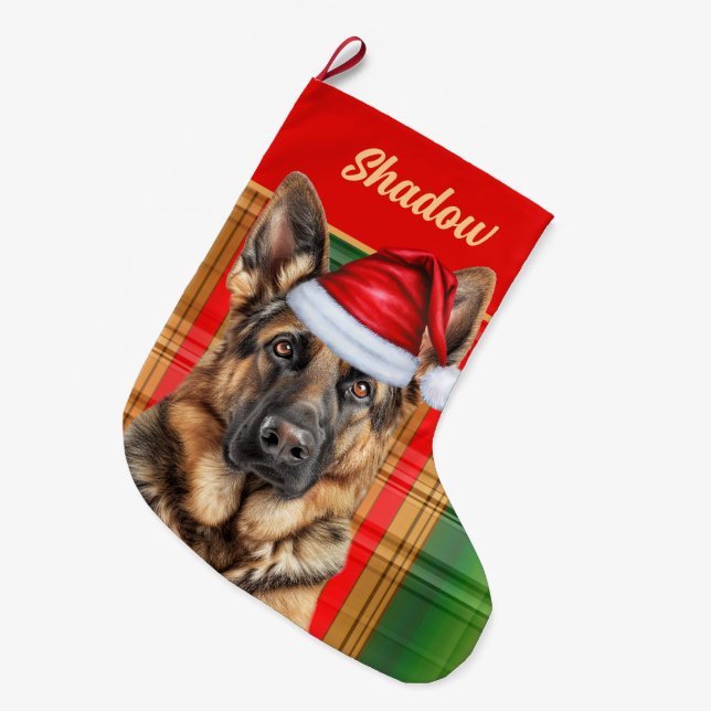 Calcetín Navideño Grande Holiday German Shepherd Plaid with Dog's Name (Frente (Colgado))