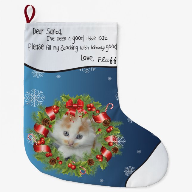 Calcetín Navideño Grande Holly Wreath Frame Personaliza tu foto de CAT azul (Anverso)