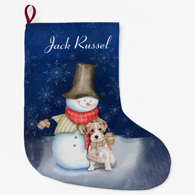 Calcetín Navideño Grande Hombre de nieve y perro - Jack Russell Terrier  (Anverso)