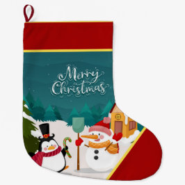 Calcetín Navideño Grande Hombre de nieve y pingüino