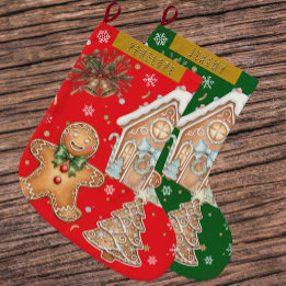 Calcetín Navideño Grande Hombre de pan de jengibre rojo, árbol, Navidades