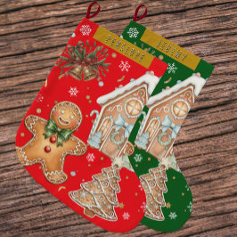 Calcetín Navideño Grande Hombre de pan de jengibre rojo, árbol, Navidades