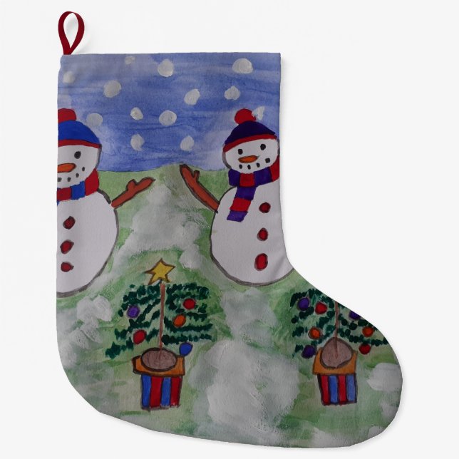 Calcetín Navideño Grande Hombres de nieve y árboles de Navidad en reposo (Anverso)