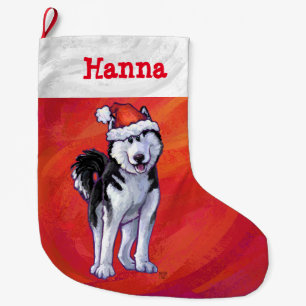 Calcetín Navideño Grande Husky en Santa Hat en rojo