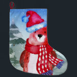 Calcetín Navideño Grande Ilustracion de los amigos de Winter Forest Woodlan<br><div class="desc">Esta hermosa colección vibrante de huellas de dibujos para niños, presenta una variedad de lindos animales acuarelas en una escena de nieve de invierno (racoon, zorro, oso, ciervo, erizo) rodeados de altos árboles verdes que brillan con la nieve clara del sol brillante, mientras la nieve cae. Este bonito ilustracion de...</div>