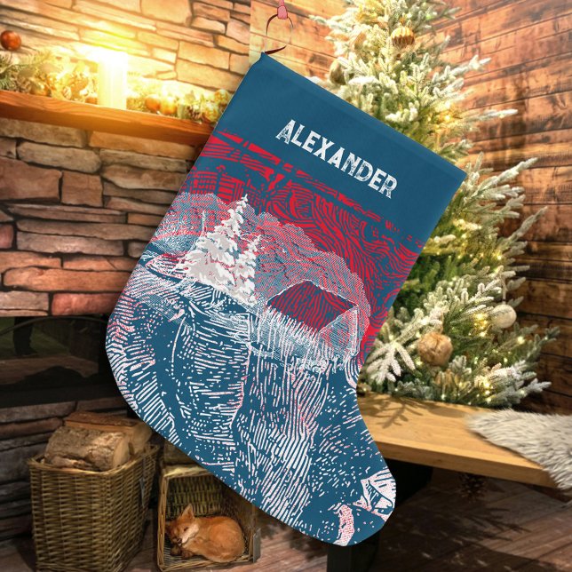 Calcetín Navideño Grande ilustracion grabado del paisaje invernal de ❄ (❄ Winter Landscape Engraved Illustration Large Christmas Stocking ©Susanne Sachers - Sunny Mind )