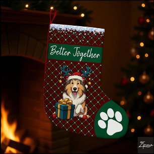 Calcetín Navideño Grande Ilustración gráfica de Collie de Navidad con Reno