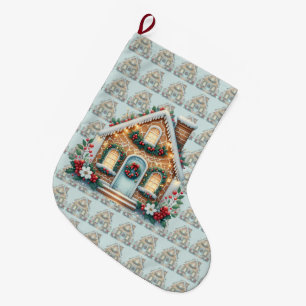 Calcetín Navideño Grande Ilustración navideña de una acogedora casa de pan