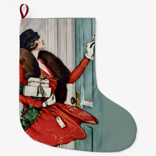 Calcetín Navideño Grande Ilustración Vintage de Navidad en la Puerta de Ent