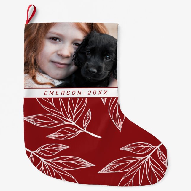 Calcetín Navideño Grande Impresión botánica con foto y nombre Festividad Ro (Anverso)