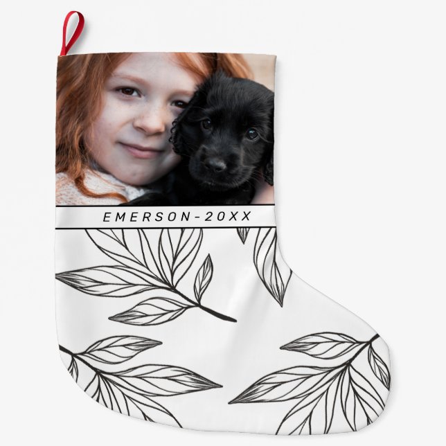 Calcetín Navideño Grande Impresión botánica con foto y nombre negro (Anverso)