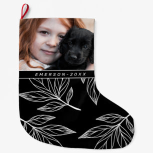 Calcetín Navideño Grande Impresión botánica con foto y nombre negro