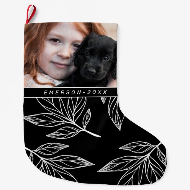 Calcetín Navideño Grande Impresión botánica con foto y nombre negro (Anverso)