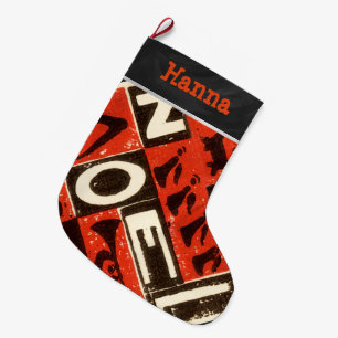 Calcetín Navideño Grande Impresión de bloques rojos Noel