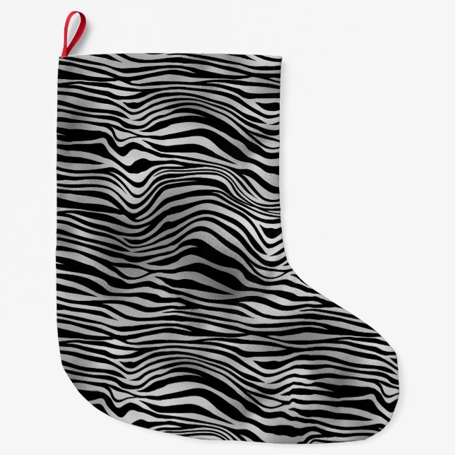Calcetín Navideño Grande Impresión de zebra negra plateada (Anverso)