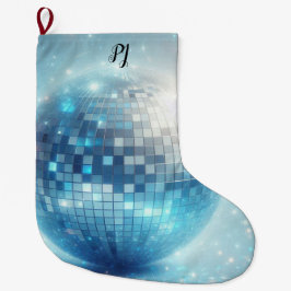 Calcetín Navideño Grande Iniciales de Bola de Discoteca Luminosa Azul