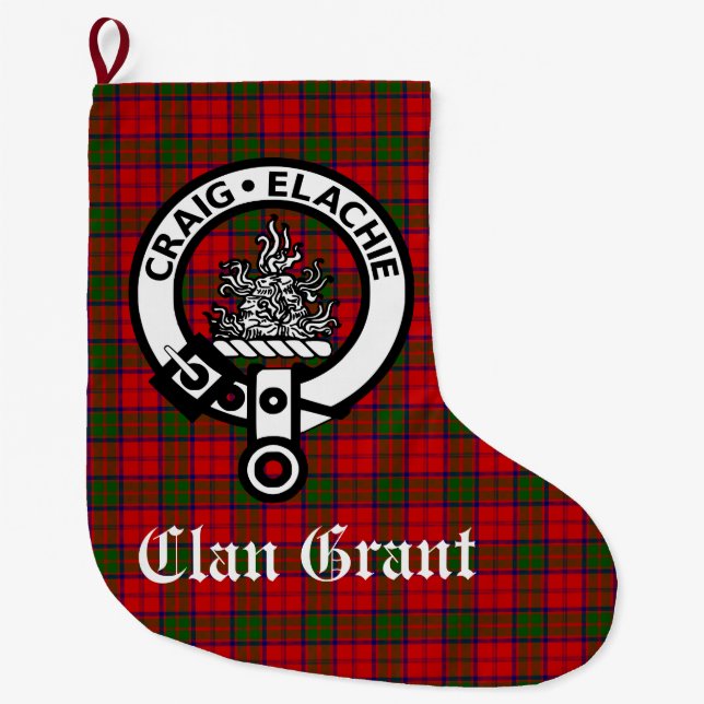 Calcetín Navideño Grande Insignia Escudo Clan Grant y Personalizable Tartán (Anverso)