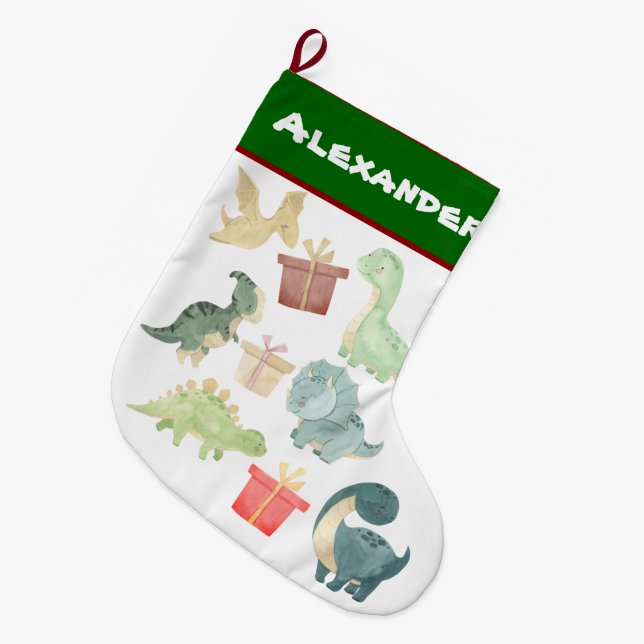 Calcetín Navideño Grande Intercambio de regalos para Navidades de dinosauri (Frente (Colgado))