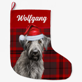 Calcetín Navideño Grande Irish Wolfhound Dog Red Holiday Plaid Personalized