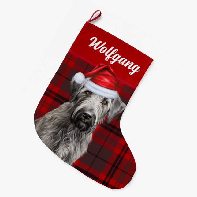 Calcetín Navideño Grande Irish Wolfhound Dog Red Holiday Plaid Personalized (Frente (Colgado))