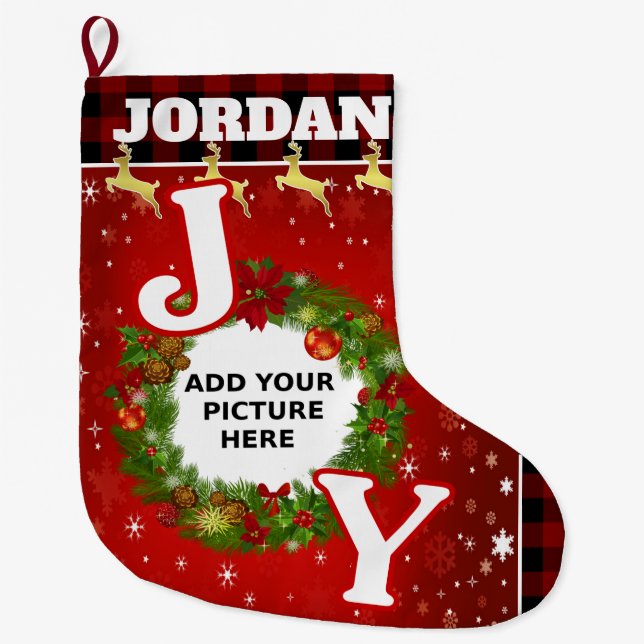 Calcetín Navideño Grande JOY of Navidades Personalized Picture and Name (Anverso)