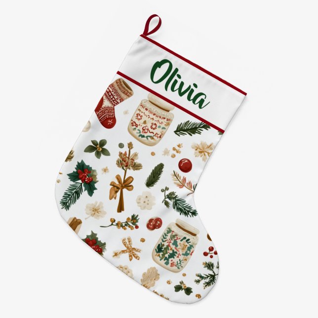 Calcetín Navideño Grande Joyful Holiday Pattern | Christmas Stocking  (Frente (Colgado))